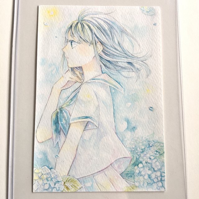 透明水彩原画 紫陽花と白セーラー少女 Minne 日本最大級のハンドメイド 手作り通販サイト