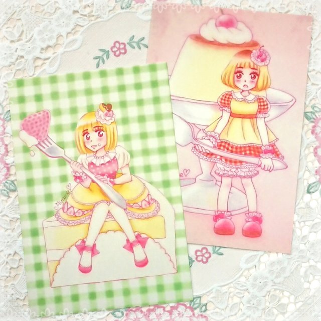 彩苺-ayame-／ポストカード２枚セット：ショートケーキちゃん＆カスタードプリンちゃん