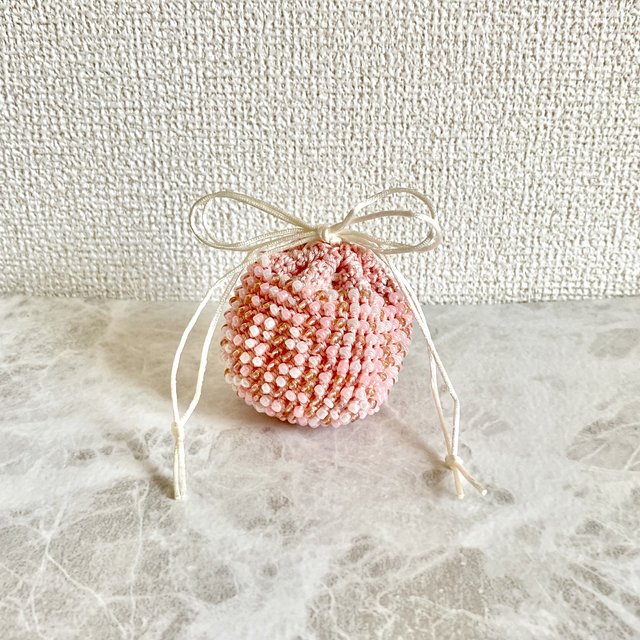 ビーズクロッシェ 豆巾着 お守り袋 パワーストーン天然石入れ ◆ #1 桜 ピンク
