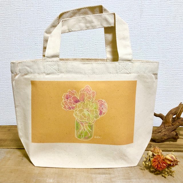 Ochaiイラスト花トートバッグsイエロー Minne 日本最大級のハンドメイド 手作り通販サイト