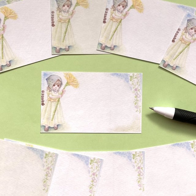 水彩画メッセージカード お花と小人の女の子 手描きイラストミニカード10枚 ハンドメイドマーケット Minne