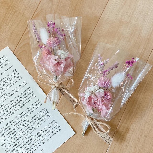ピンク ミニブーケ♡ かすみ草 スワッグ ラッピング ブーケ 紫陽花 シンプル ナチュラル ホワイト