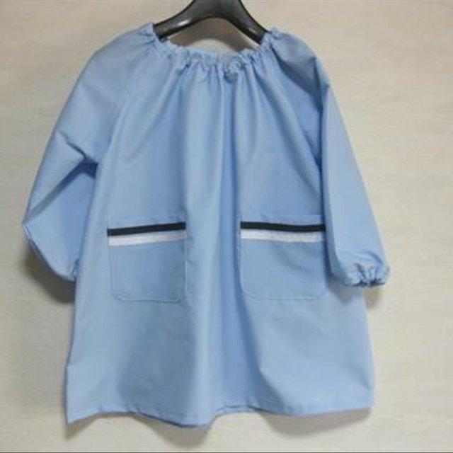 スモック巾着付　　水色×紺白ライン　100～160