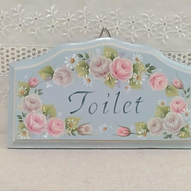 トールペイント(15cm)薔薇のトイレのプレート