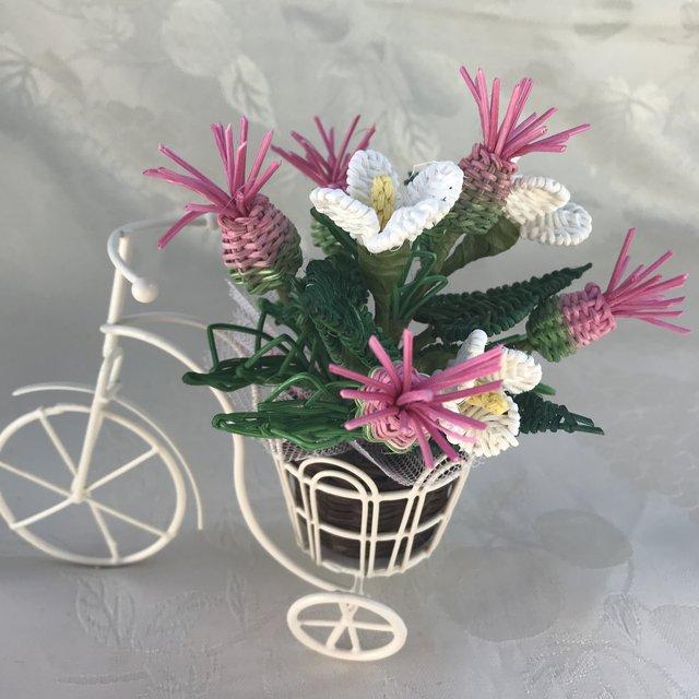 小さな白い自転車の籐の花（アザミとドクダミ）