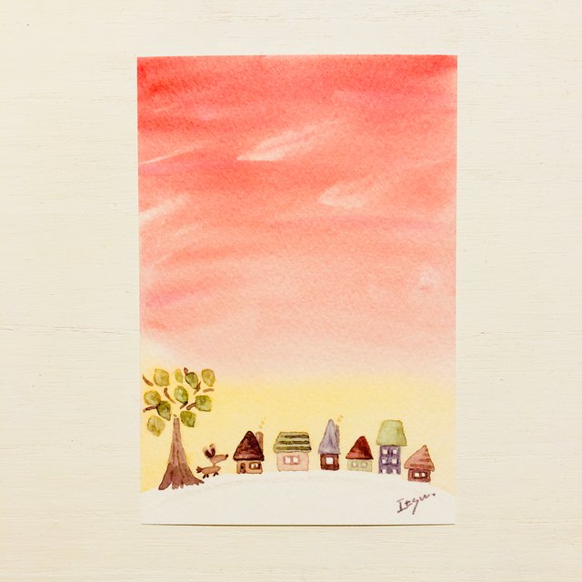 透明水彩画 夕焼けの街並み 北欧イラストポストカード２枚セット Minne 日本最大級のハンドメイド 手作り通販サイト