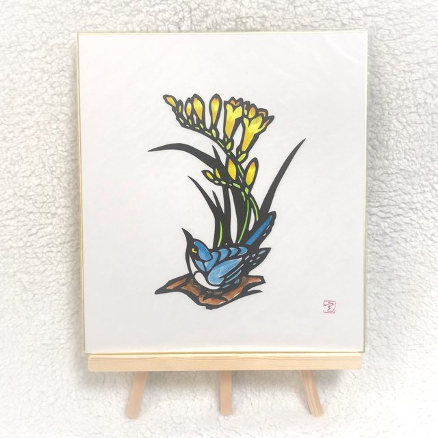【切り絵】花と小鳥のさえずり 幸せの青い鳥