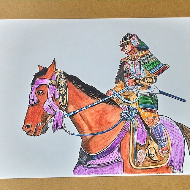 037 色鉛筆画 水彩色鉛筆 2lサイズ 鎧武者イラスト 騎馬武者 サムライ ハンドメイドマーケット Minne