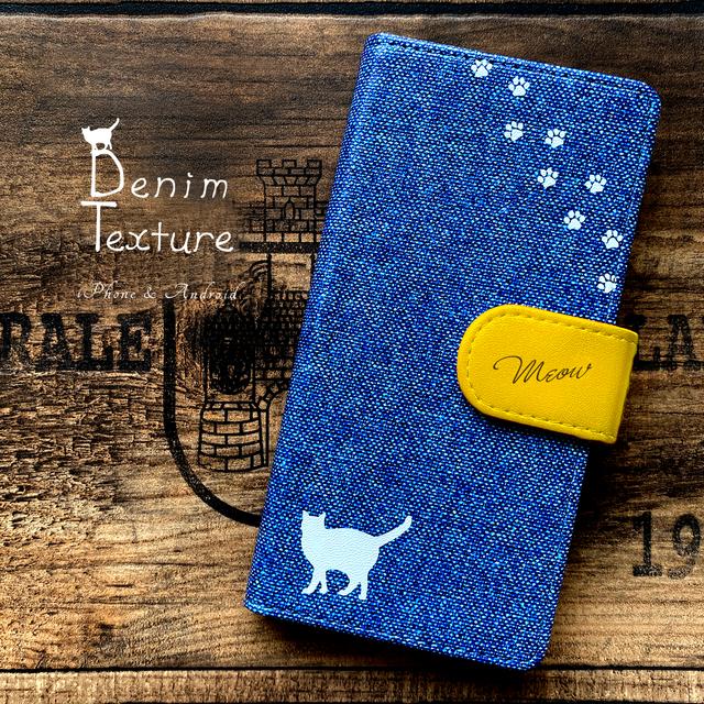 にゃんこデニムの手帳型スマホケース（ブルー×黄） iphone12 iphone13 iphone11 全機種対応 猫 黒猫 デニム 手帳型 スマホケース