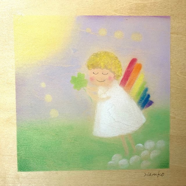 送料込み シナの木パステルアート原画 虹色の羽を持つ天使 ハンドメイドマーケット Minne
