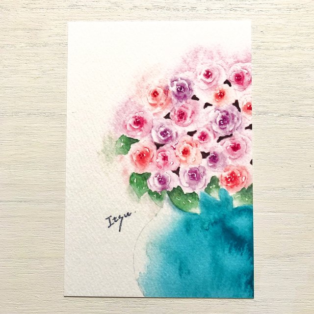 Rose 水彩画イラストポストカード バラ 薔薇 花 フラワー メッセージカード ハンドメイドマーケット Minne