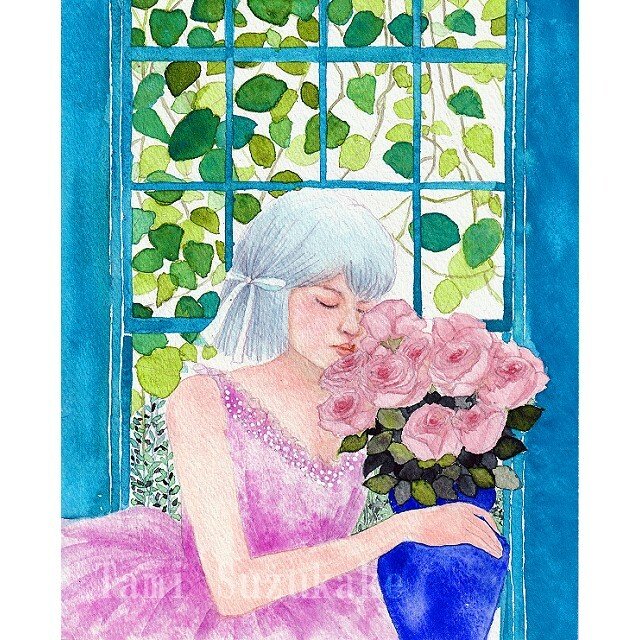 水彩画・原画「窓辺の少女と薔薇の花」