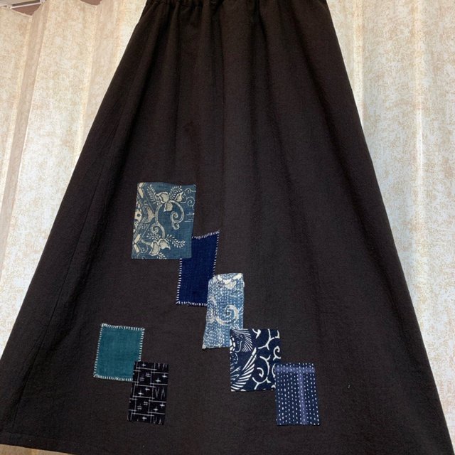 良質 ハンドメイド/安曇野木綿/絣/刺し子/藍/パッチワークスカート
