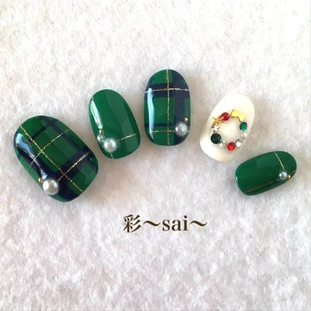 緑 チェックネイル クリスマスネイル ハンドメイドマーケット Minne