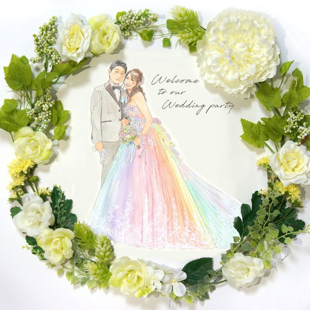 リース付 50cm角サイズ似顔絵ウェルカムボード 似顔絵 水彩画 50cm角サイズ 造花 フレーム付 ハンドメイドマーケット Minne