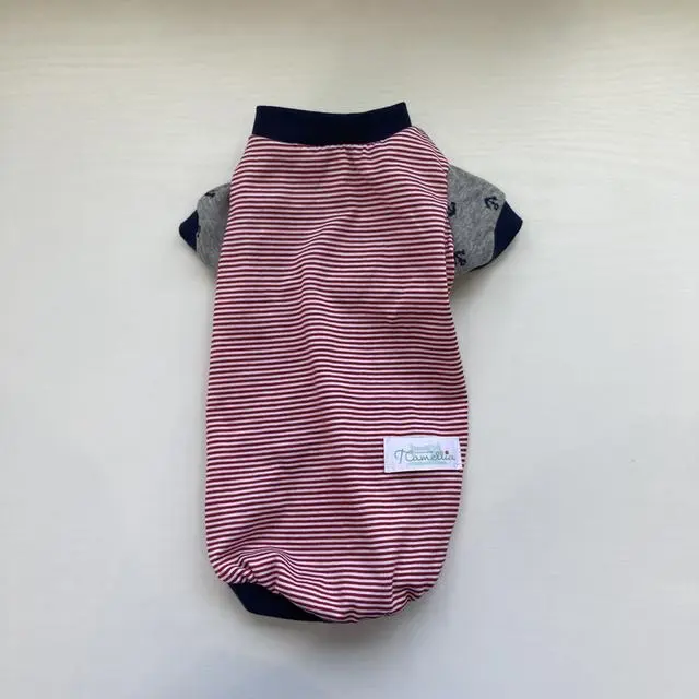 ハンドメイド犬服Tシャツ　ボーダー（赤白）ロングSサイズ　リブ紺
