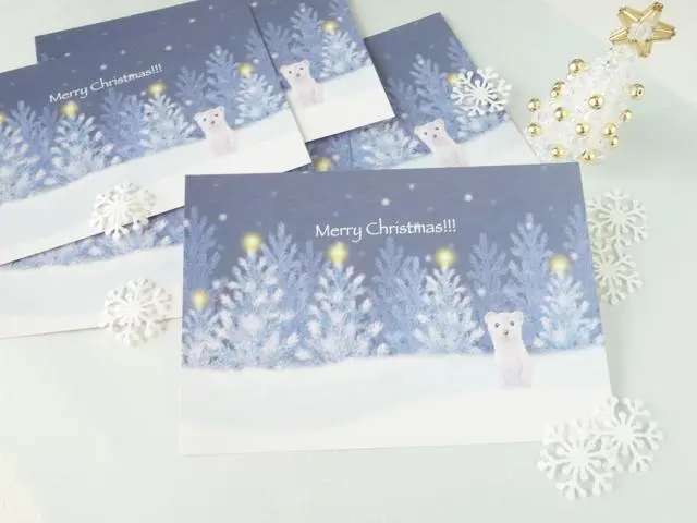 クリスマスポストカード「オコジョと雪の森」