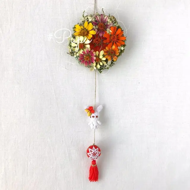 手毬うさぎ🐰✳︎お花と🌸うさぎと🐰手毬の吊り飾り✳︎オレンジ