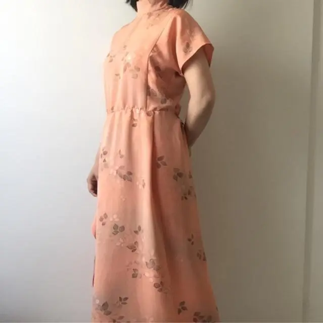 着物リメイク サーモンオレンジのスタンドカラードレス