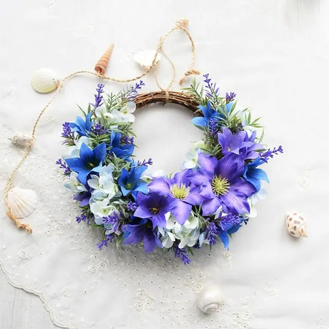 ブルーの紫陽花とクレマチスの夏リース（アーティフィシャルフラワー・送料込み）