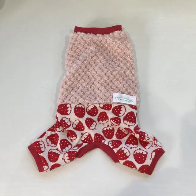 犬服ロンパース　ツートンタイプ　パイナップルボア（ピンク）&いちご赤　XSサイズ